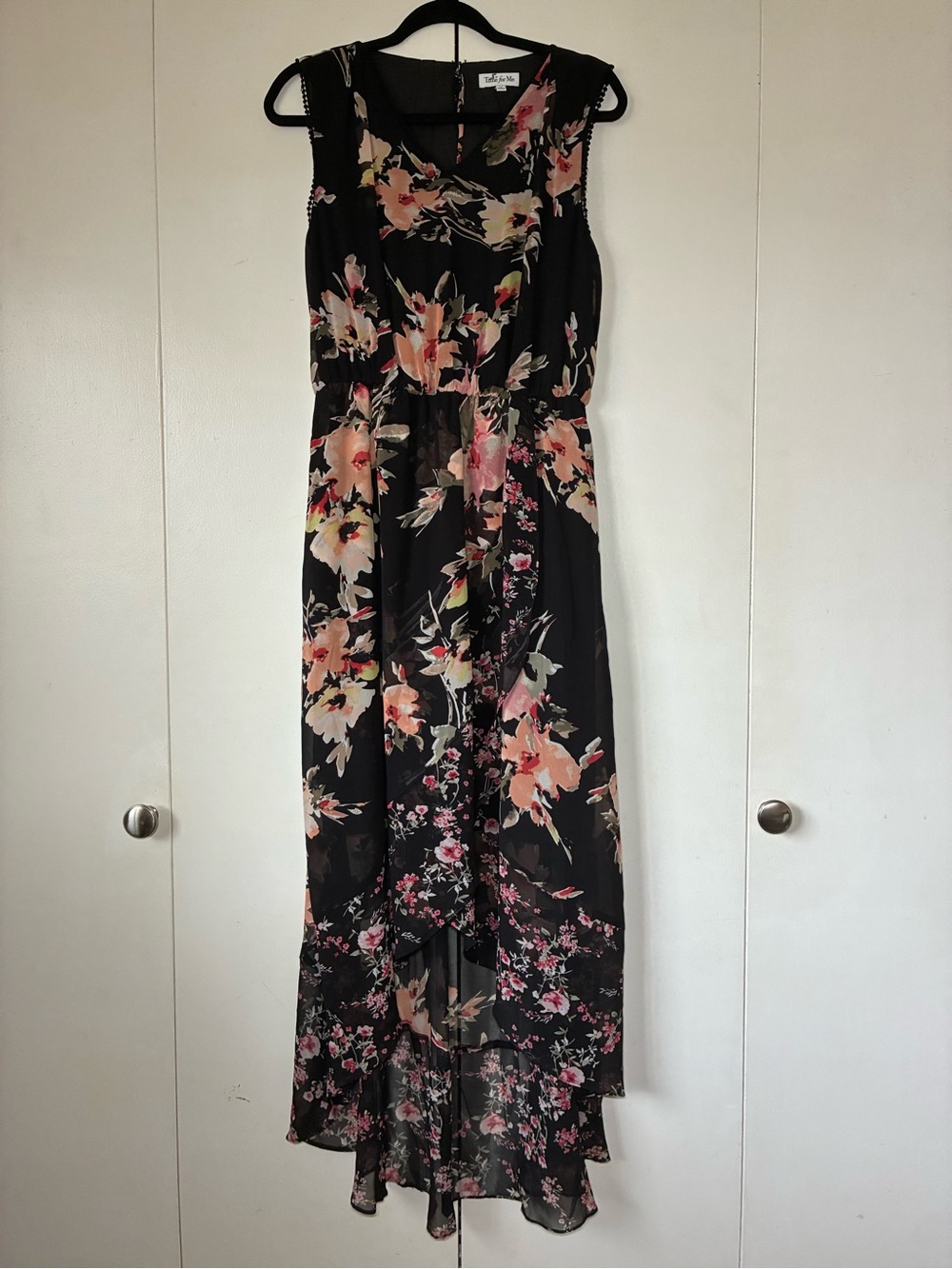 Floral Black High-Low Maxi Dress with Pink Accent
